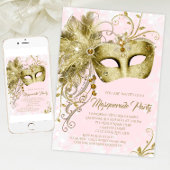 Elegant roze gouden glitter masqueradefeest kaart