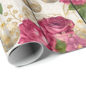 Elegant roze & gouden kerst bloemenpatroon cadeaupapier (Rol Hoek)