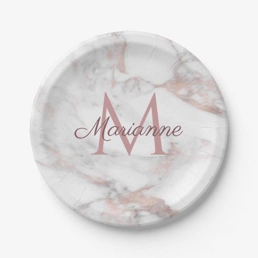Elegant Roze Gouden Marmer Ontwerp Monogram Sjablo Papieren Bordje (Voorkant)