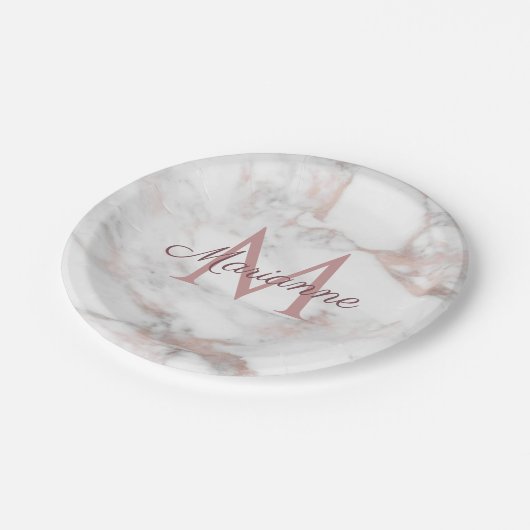 Elegant Roze Gouden Marmer Ontwerp Monogram Sjablo Papieren Bordje (Gekanteld)