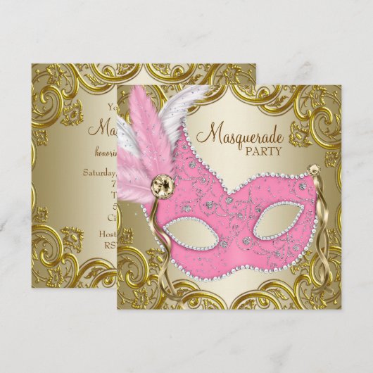 Elegant roze gouden masker Masquerade Party Kaart (Voorkant / Achterkant)
