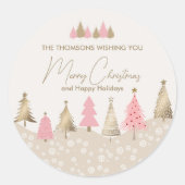 Elegant roze gouden pijnboom winterfeest ronde sticker (Voorkant)