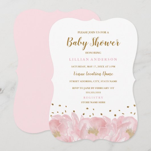 Elegant roze gouden pioen meisje Baby shower Kaart (Voorkant / Achterkant)