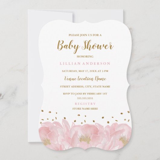 Elegant roze gouden pioen meisje Baby shower Kaart (Voorkant)