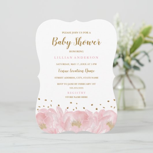 Elegant roze gouden pioen meisje Baby shower Kaart (Staand voorkant)