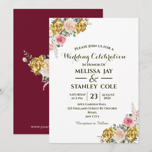 Elegant roze, gouden Roos Eucalyptus Floral Weddin Kaart (Voorkant / Achterkant)