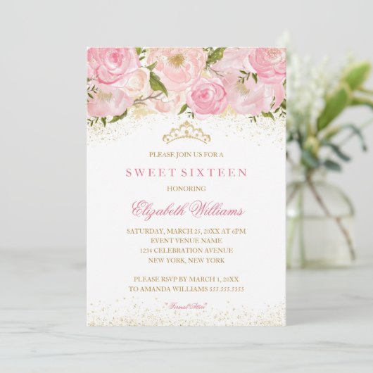 Elegant roze gouden Roos Sweet Sixteen Invitation Kaart (Staand voorkant)
