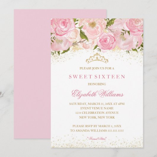 Elegant roze gouden Roos Sweet Sixteen Invitation Kaart (Voorkant / Achterkant)