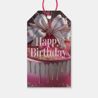 Elegant Roze & Gouden Verjaardagstaartontwerp Cadeaulabel