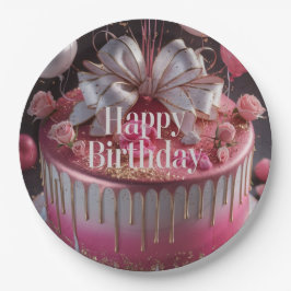 Elegant Roze & Gouden Verjaardagstaartontwerp Papieren Bordje