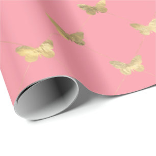 Elegant roze, gouden vlinderpatroonpapier cadeaupapier
