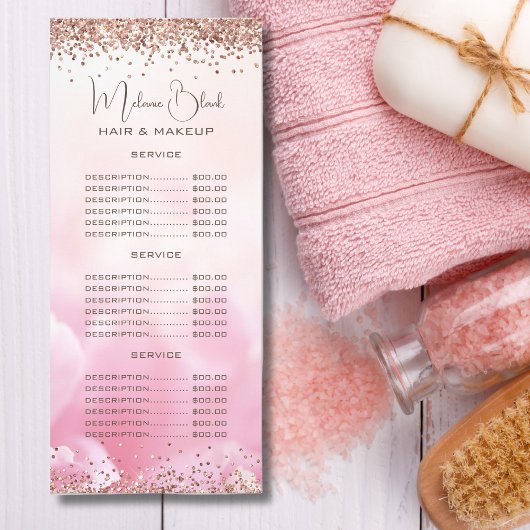 Elegant roze goudglitter Beauty Salon - prijslijst Reclamekaart