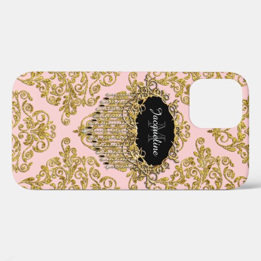 Elegant roze goudglitter scrolt  monogram Case-Mate iPhone case (Achterkant (horizontaal))