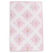 Elegant roze goudkruisvormig wit patroon baptisme medium cadeauzakje (Voorkant)