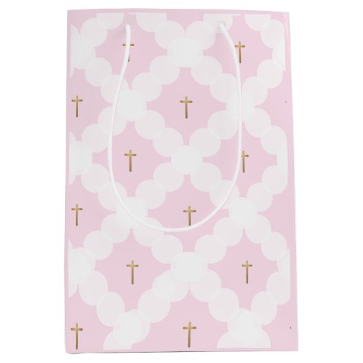 Elegant roze goudkruisvormig wit patroon baptisme medium cadeauzakje (Voorkant)
