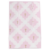 Elegant roze goudkruisvormig wit patroon baptisme medium cadeauzakje (Achterkant)