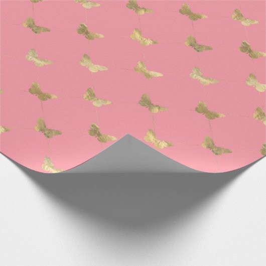 Elegant roze goudvlinderpatroonverlooppapier cadeaupapier (Hoek)