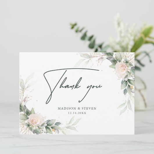 Elegant roze goureuze Floral Eucalyptus Weddenscha Bedankkaart (Staand voorkant)