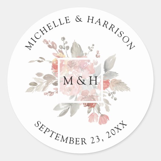 Elegant roze grauwe Floral Waterverf Envelopzegel Ronde Sticker (Voorkant)