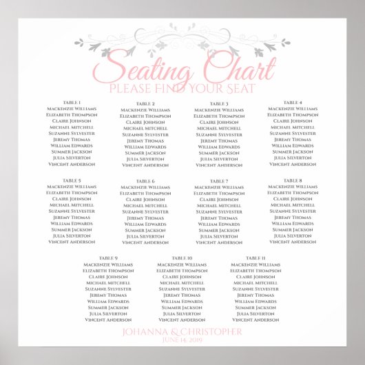 Elegant roze & grijs 11-tabel weddenschapenkaart poster (Voorkant)