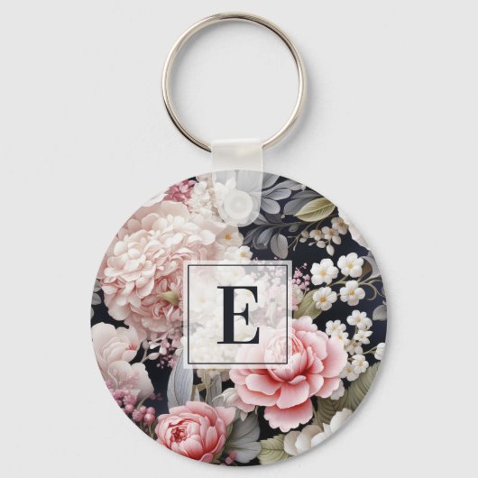 Elegant Roze Grijs Bloemen Monogram Sleutelhanger (Voorkant)