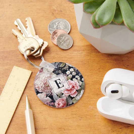Elegant Roze Grijs Bloemen Monogram Sleutelhanger (Bureau)