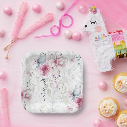 Elegant Roze Grijs Bloemen Wit Duif Bruiloft Papieren Bordje (Feest)