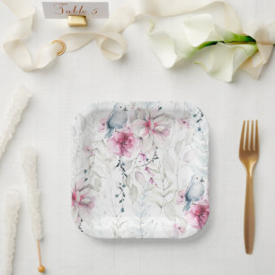 Elegant Roze Grijs Bloemen Wit Duif Bruiloft Papieren Bordje