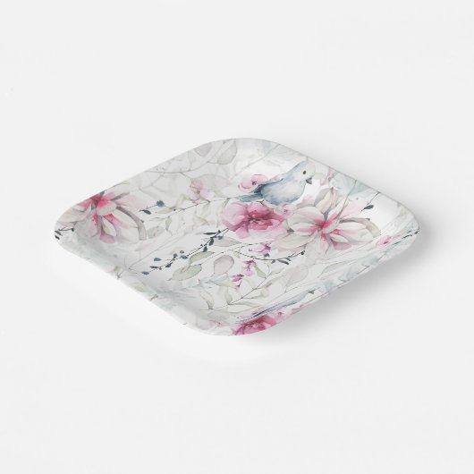 Elegant Roze Grijs Bloemen Wit Duif Bruiloft Papieren Bordje (Gebogen)