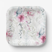 Elegant Roze Grijs Bloemen Wit Duif Bruiloft Papieren Bordje (Voorkant)