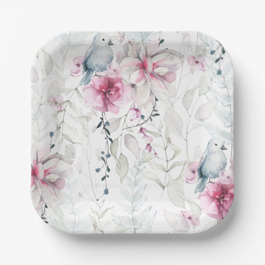 Elegant Roze Grijs Bloemen Wit Duif Bruiloft Papieren Bordje (Voorkant)