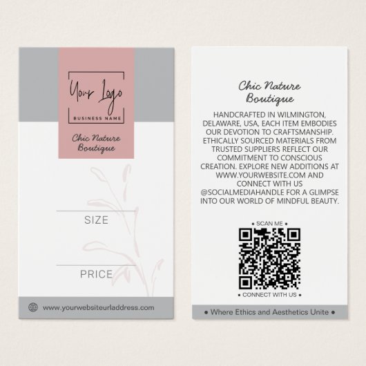 Elegant Roze & Grijs Botanisch Sociaal QR Prijs La Visitekaartje (Voorkant /achterkant)
