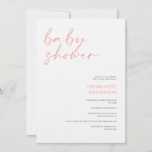 Elegant roze grijs casual script baby shower kaart (Voorkant)