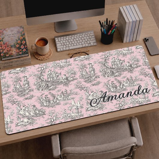 Elegant Roze Grijs Monogram Toile de Jouy Bureaumat