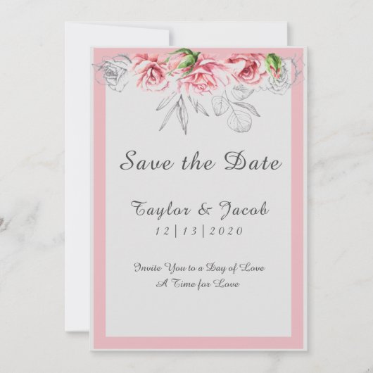 Elegant roze grijze Floral bruiloft Save The Date (Voorkant)