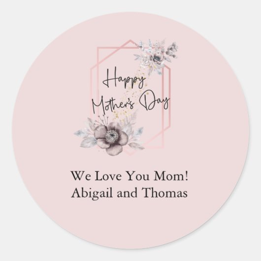 Elegant roze grijze Floral Moederdag personalisere Ronde Sticker (Voorkant)