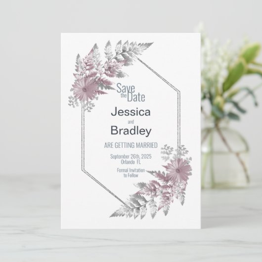 Elegant roze grijze geometrische bruiloft save the date (Staand voorkant)