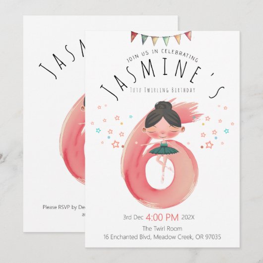 Elegant roze groen ballet 6e verjaardag kaart (Voorkant / Achterkant)