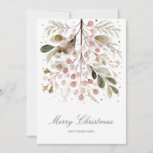 Elegant Roze Groen Kerst Familie Foto Feestdagenkaart (Voorkant)