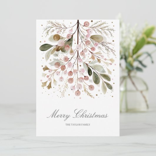 Elegant Roze Groen Kerst Familie Foto Feestdagenkaart (Staand voorkant)