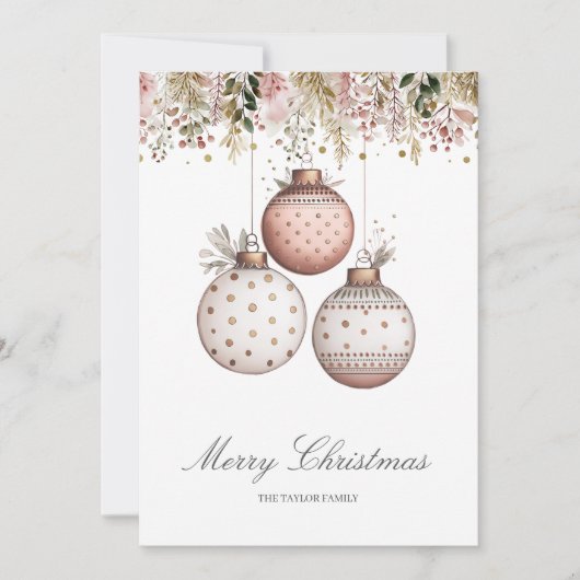 Elegant Roze Groen Kerst Familie Foto Feestdagenkaart (Voorkant)