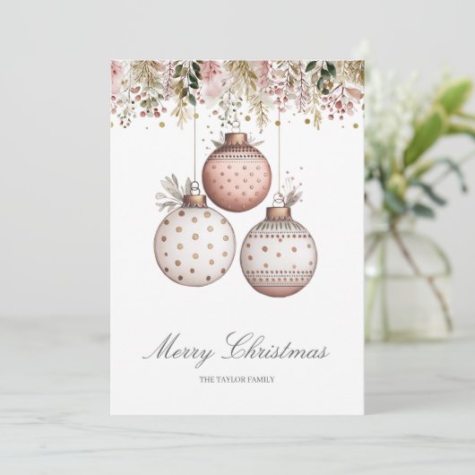 Elegant Roze Groen Kerst Familie Foto Feestdagenkaart (Staand voorkant)