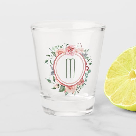 Elegant roze groene cirkel Lijst monogram Shot Glas (Voorkant)