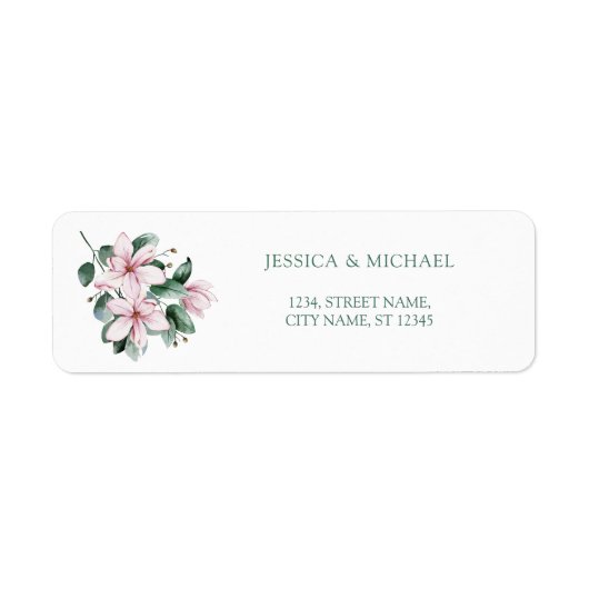 Elegant roze groene Waterverf Magnolia Floral Etiket (Voorkant)