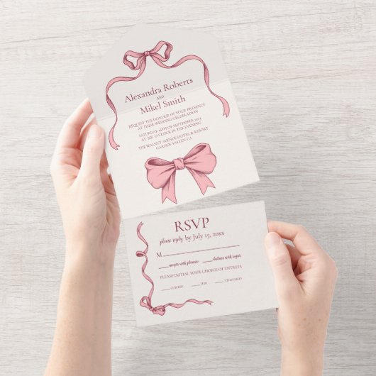 Elegant Roze Hand Getrokken Boog Bruiloft All In One Uitnodiging (Afscheurbaar)