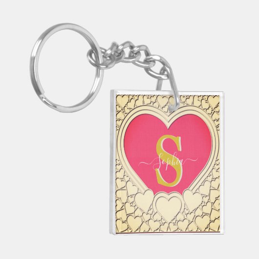 Elegant Roze Hart en Initiaal, Naam Stijlvol Sleutelhanger (Voorkant Links)