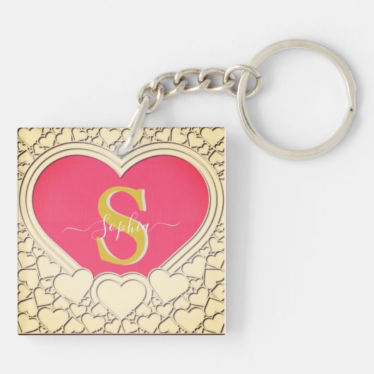 Elegant Roze Hart en Initiaal, Naam Stijlvol Sleutelhanger (Achterkant)