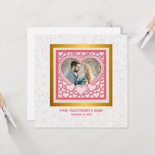 Elegant Roze Hart Gelukkig Valentijnsdag Stijlvol Kaart (Voorkant / Achterkant in situ)