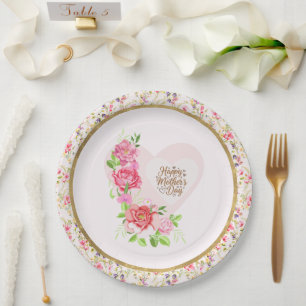 Elegant Roze Hart Gelukkige Moederdag Feestje Papieren Bordje
