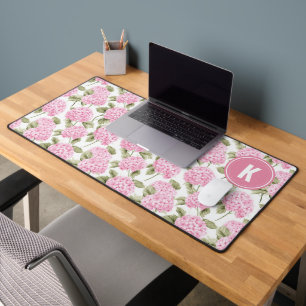 Elegant Roze Hortensia Bloemen Patroon Monogram Bureaumat